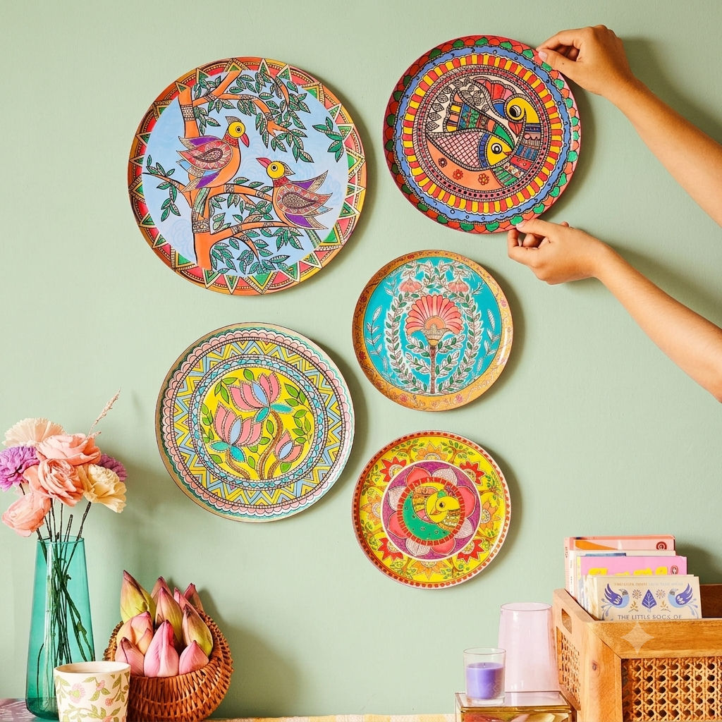 MAAWA DECOR Traditional Hand-Painted Style Decorative Wall Plates (Set of 5) – Ethnic Madhubani & Mandala Art Wall Hanging Decor for Living Room, Foyer, and Office