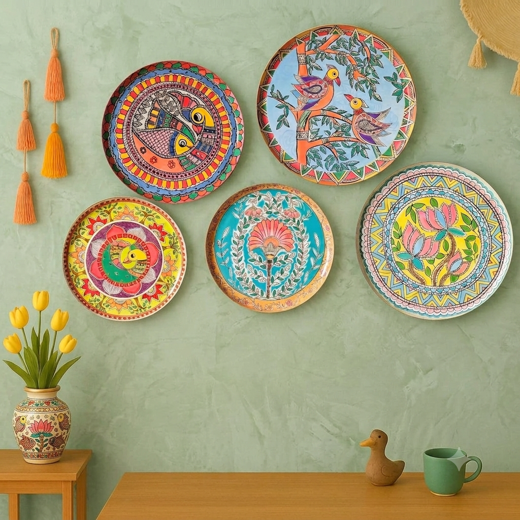 MAAWA DECOR Traditional Hand-Painted Style Decorative Wall Plates (Set of 5) – Ethnic Madhubani & Mandala Art Wall Hanging Decor for Living Room, Foyer, and Office