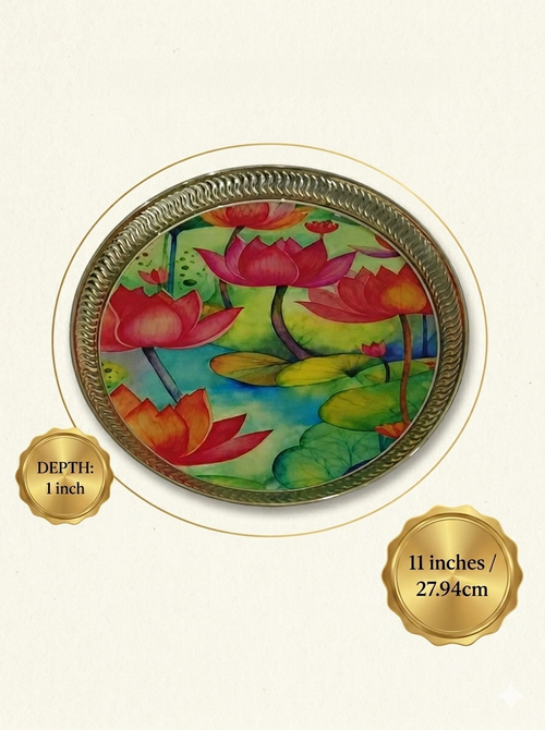 MAAWA DECOR Luxury Lotus Pond Decorative Platter | Vibrant Watercolor Floral Art Metal Plate | Festive Home Decor, Luxury Gifting Tray