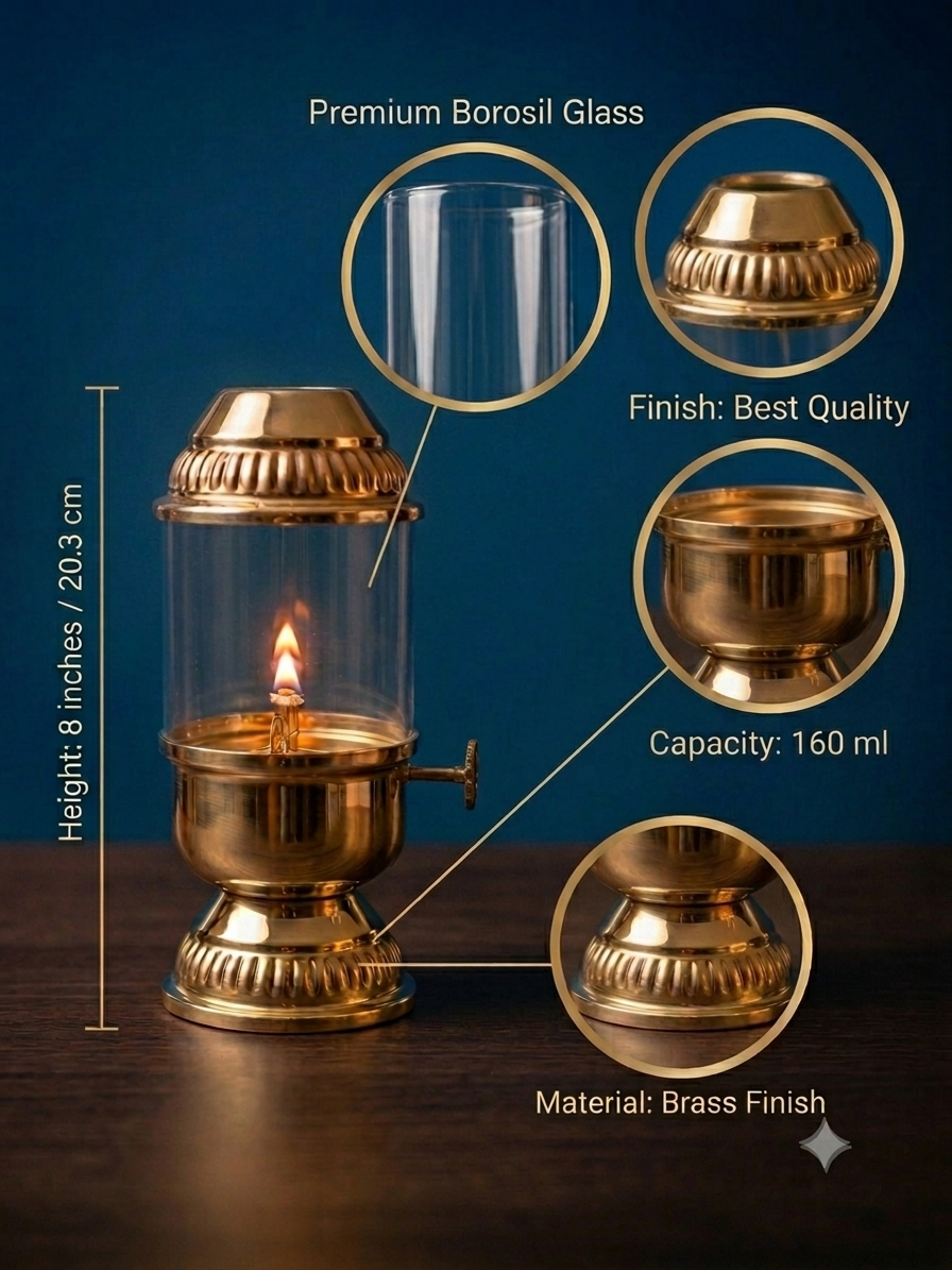 MAAWA DECOR Handcrafted Brass Finish Oil Lamp with Borosil Glass Chimney – Elegant Vintage Design, 160ml Capacity