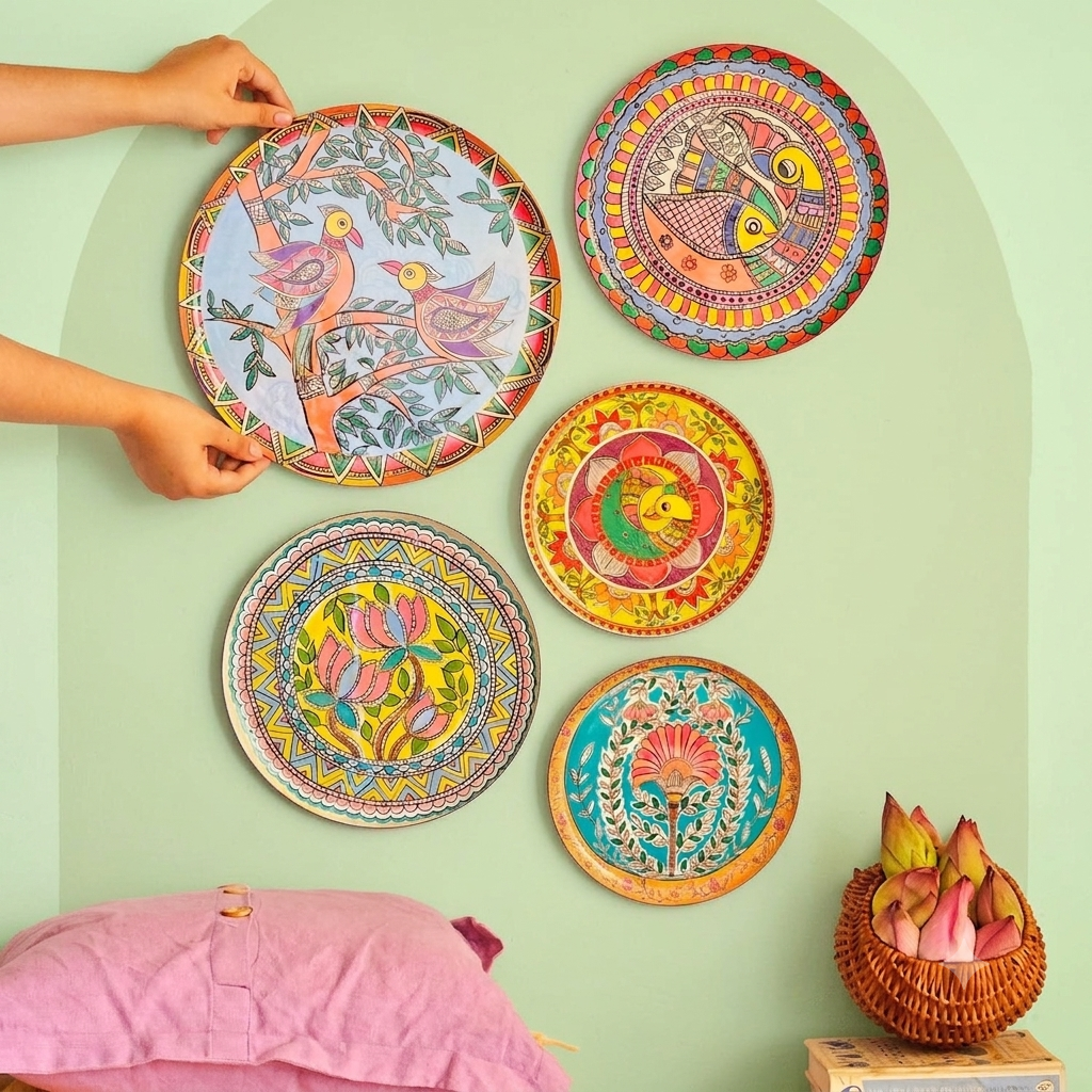 MAAWA DECOR Traditional Hand-Painted Style Decorative Wall Plates (Set of 5) – Ethnic Madhubani & Mandala Art Wall Hanging Decor for Living Room, Foyer, and Office