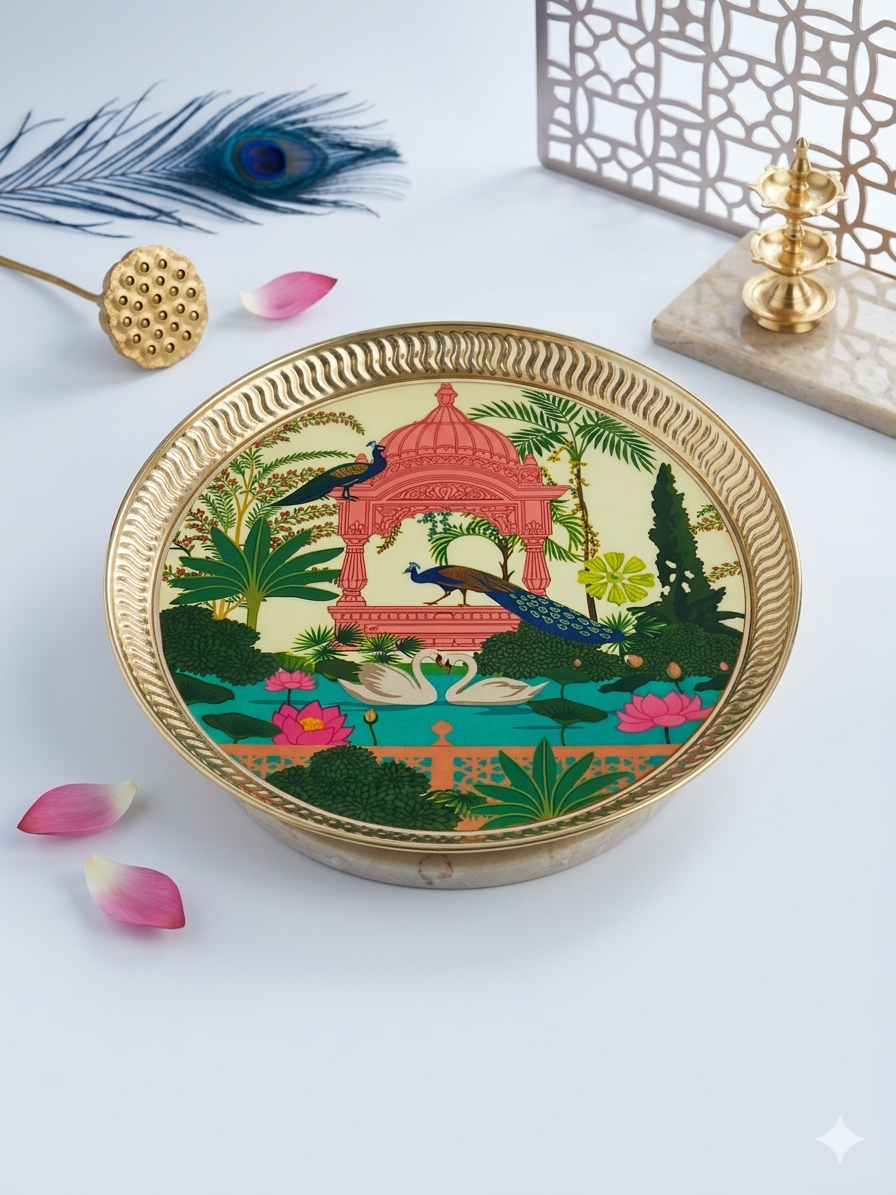MAAWA DECOR Luxury Pichwai-Inspired Decorative Platter | Royal Mughal Garden Peacock & Swan Motif Metal Plate | Festive Home Decor & Luxury Gifting Centerpiece