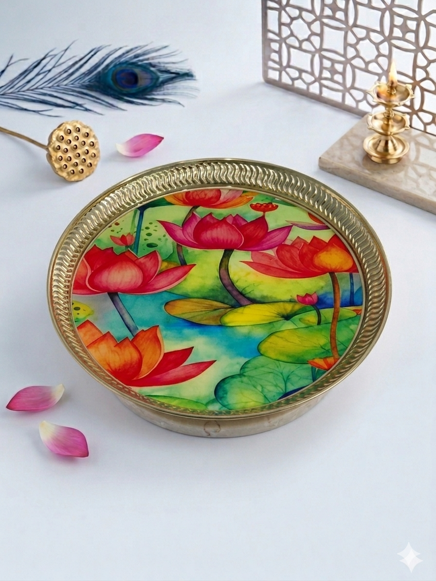 MAAWA DECOR Luxury Lotus Pond Decorative Platter | Vibrant Watercolor Floral Art Metal Plate | Festive Home Decor, Luxury Gifting Tray