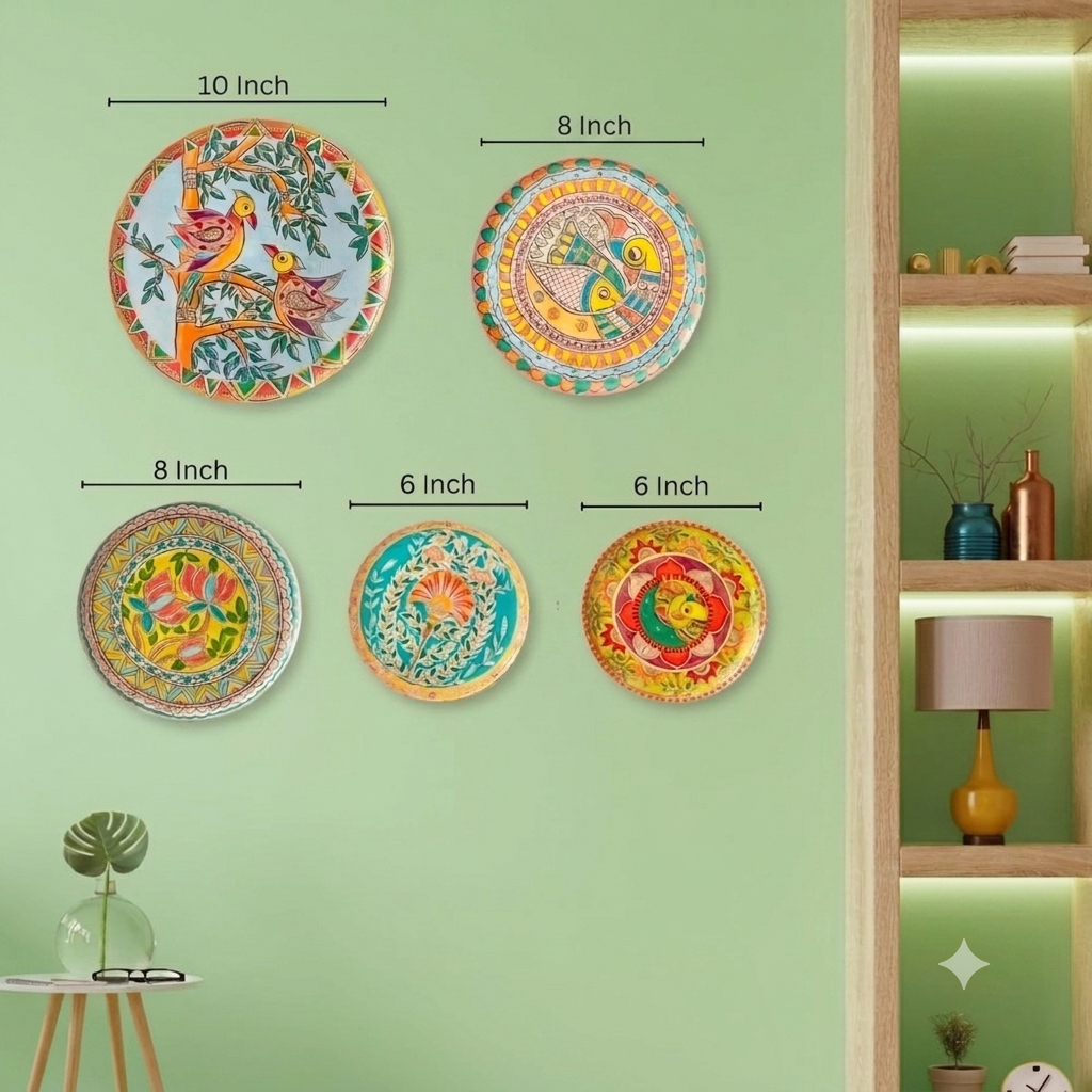 MAAWA DECOR Traditional Hand-Painted Style Decorative Wall Plates (Set of 5) – Ethnic Madhubani & Mandala Art Wall Hanging Decor for Living Room, Foyer, and Office