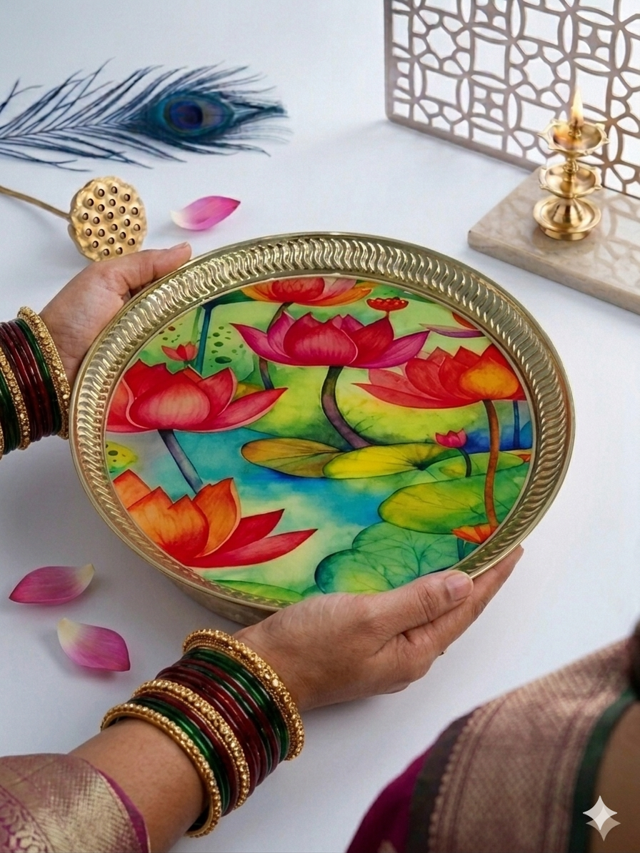 MAAWA DECOR Luxury Lotus Pond Decorative Platter | Vibrant Watercolor Floral Art Metal Plate | Festive Home Decor, Luxury Gifting Tray
