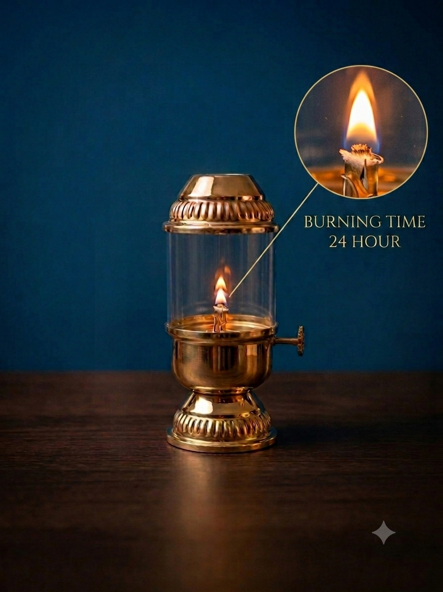 MAAWA DECOR Handcrafted Brass Finish Oil Lamp with Borosil Glass Chimney – Elegant Vintage Design, 160ml Capacity