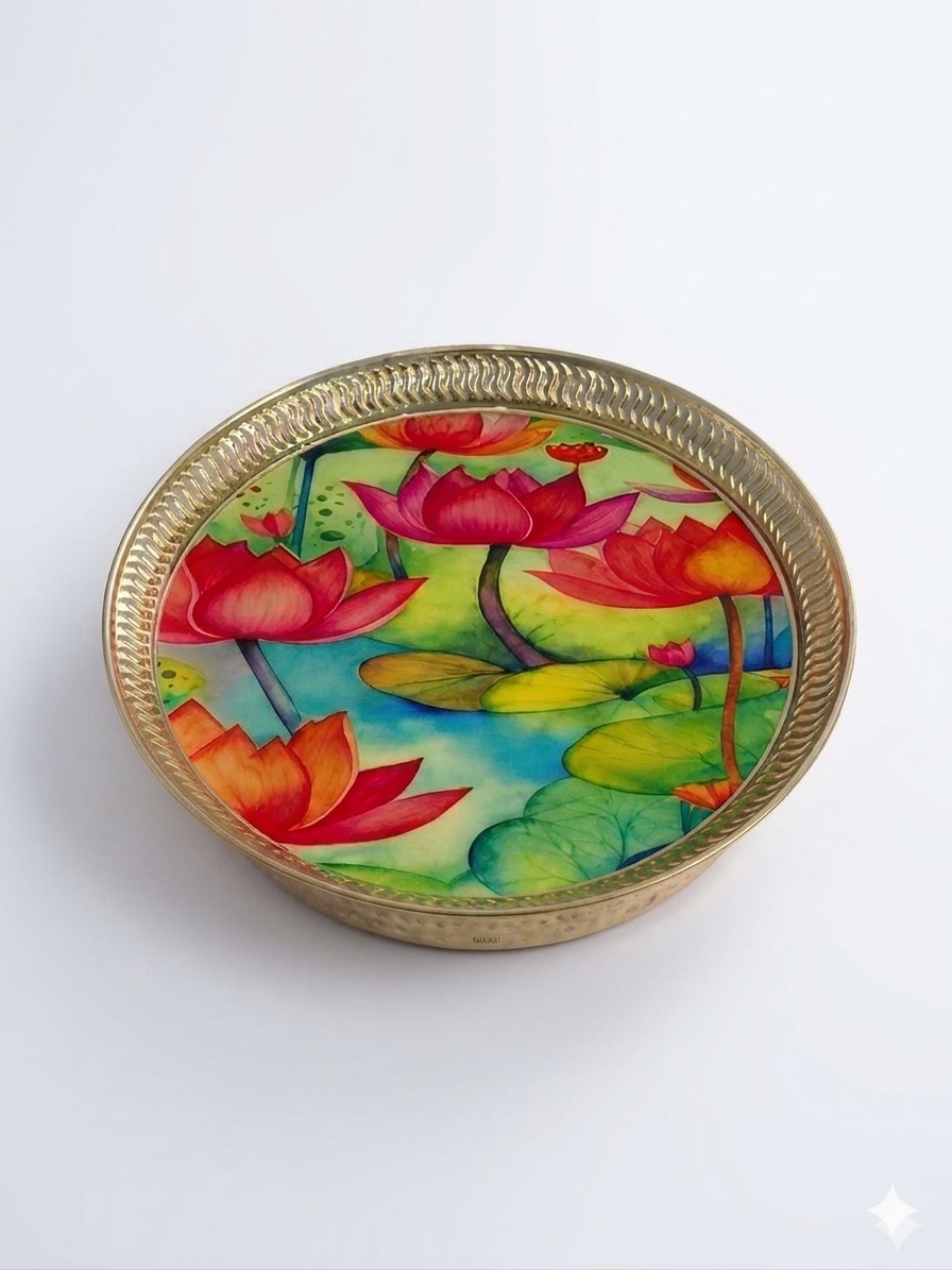 MAAWA DECOR Luxury Lotus Pond Decorative Platter | Vibrant Watercolor Floral Art Metal Plate | Festive Home Decor, Luxury Gifting Tray