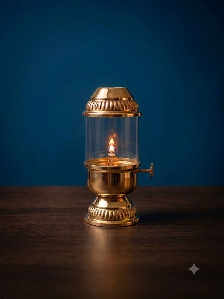MAAWA DECOR Handcrafted Brass Finish Oil Lamp with Borosil Glass Chimney – Elegant Vintage Design, 160ml Capacity