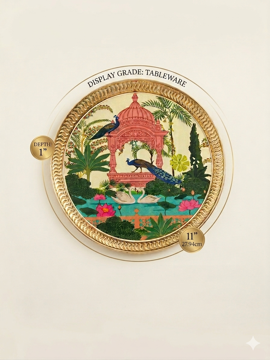 MAAWA DECOR Luxury Pichwai-Inspired Decorative Platter | Royal Mughal Garden Peacock & Swan Motif Metal Plate | Festive Home Decor & Luxury Gifting Centerpiece