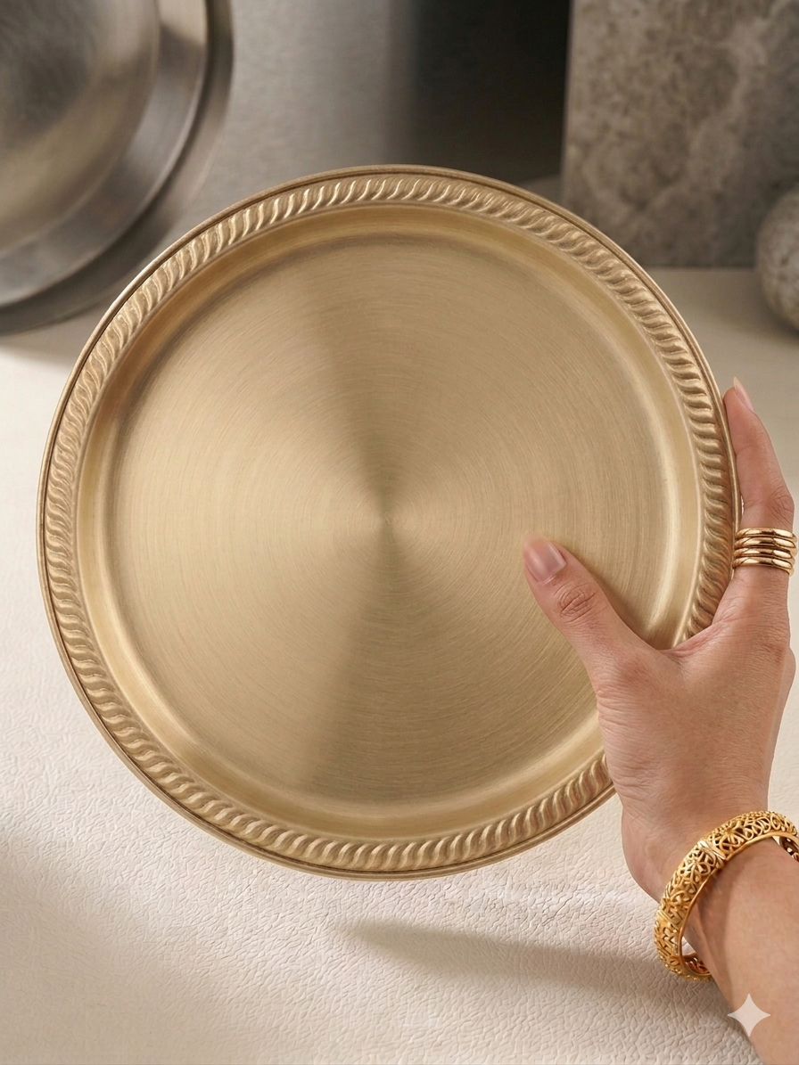 MAAWA DECOR Luxury Pichwai-Inspired Decorative Platter | Royal Mughal Garden Peacock & Swan Motif Metal Plate | Festive Home Decor & Luxury Gifting Centerpiece