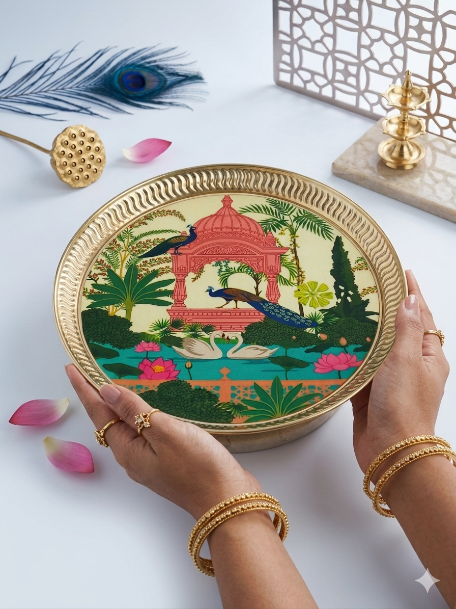 MAAWA DECOR Luxury Pichwai-Inspired Decorative Platter | Royal Mughal Garden Peacock & Swan Motif Metal Plate | Festive Home Decor & Luxury Gifting Centerpiece