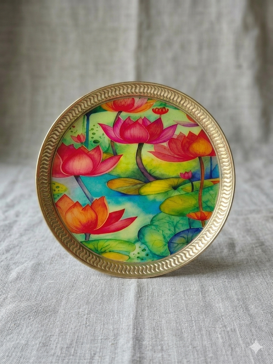 MAAWA DECOR Luxury Lotus Pond Decorative Platter | Vibrant Watercolor Floral Art Metal Plate | Festive Home Decor, Luxury Gifting Tray